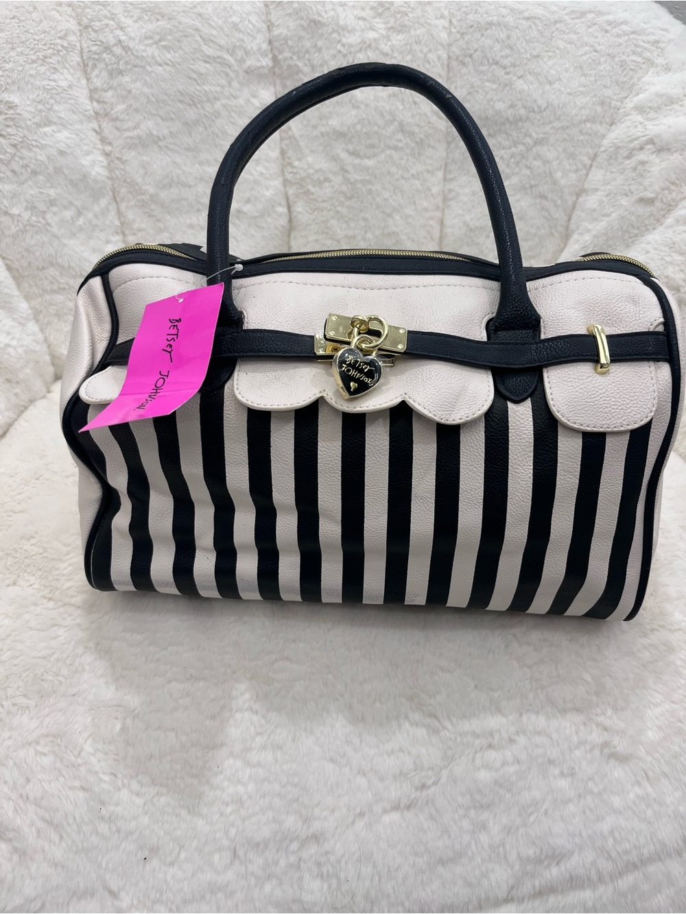 Betsey Johnson Black and Cream Striped Satchel with Heart Lock